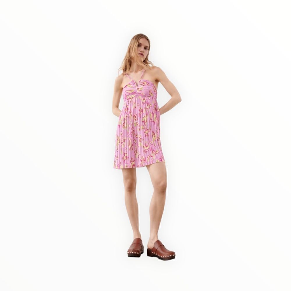 ZARA | Pink | PRINTED PLEATED DRESS - Picture 5 of 10